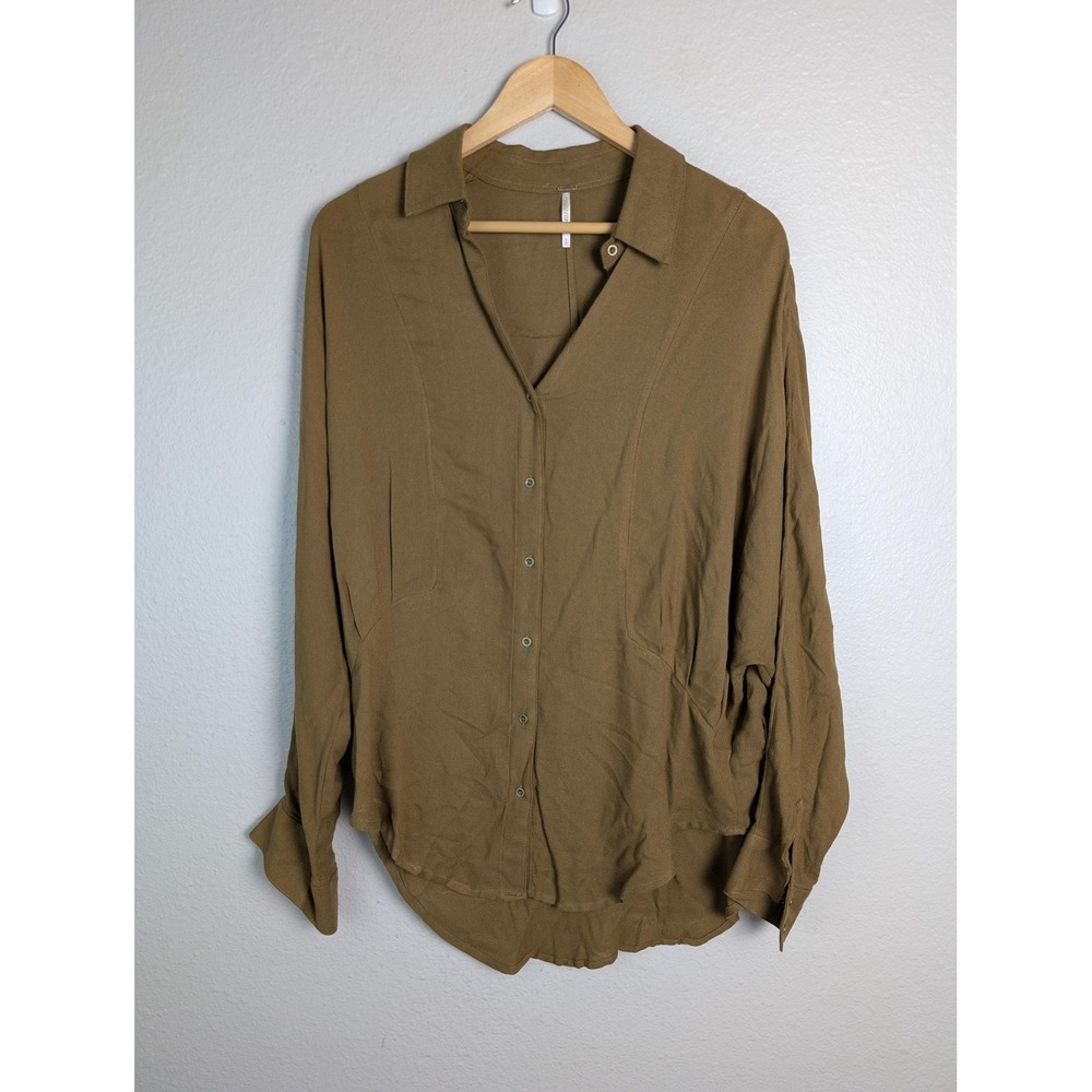 Free People‎ Button-Up Tunic Womens S Brown Collared Long Sleeve Rayon Relaxed